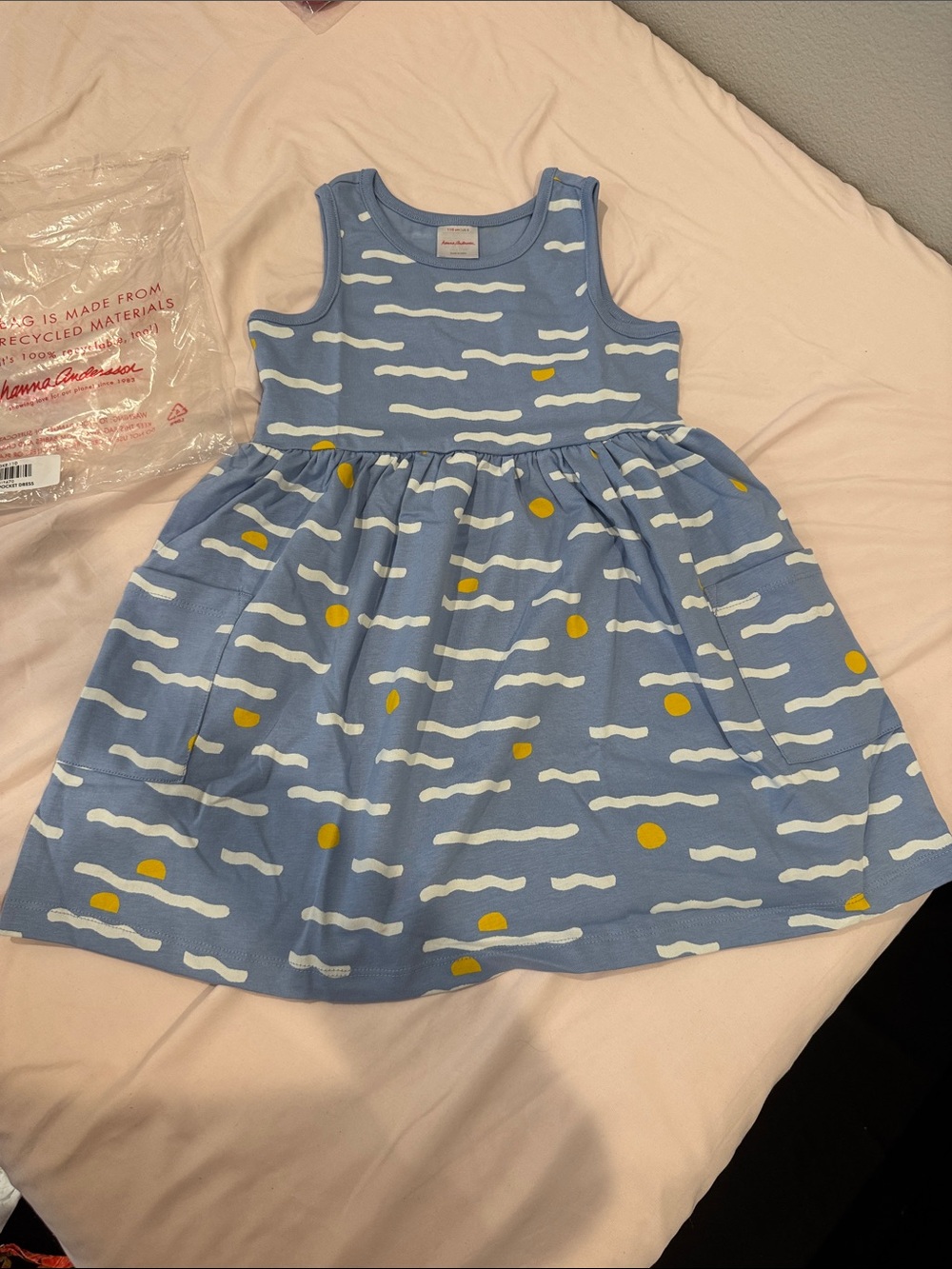 Hanna Andersson Light Blue Dress with White Waves & Yellow Dots brand new